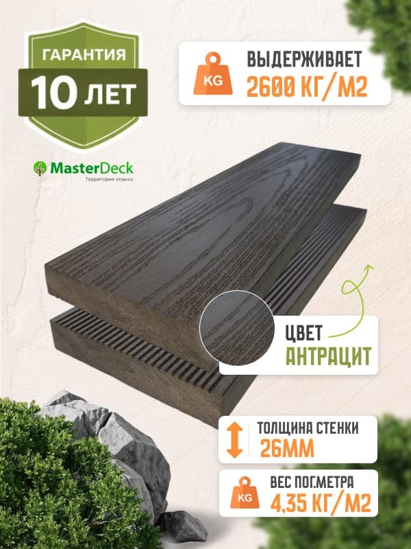 Террасная доска полнотелая MasterDeck Massive цвет Антрацит — террасная доска из ПНД (ДПК), MasterDeck